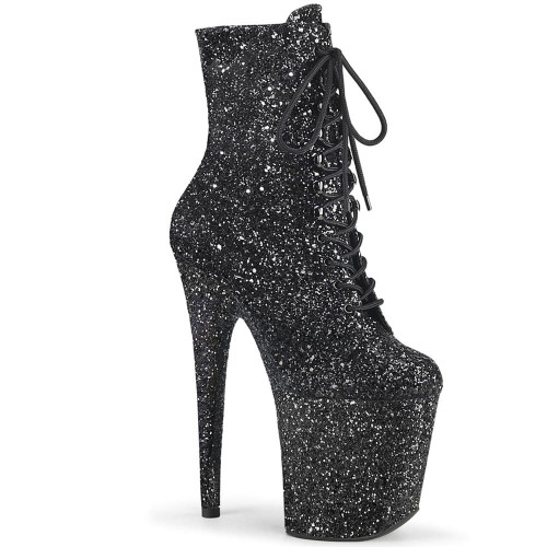 Pleaser Flamingo-1020 – černé kotníkové boty s třpytkami (podpatek 20 cm)