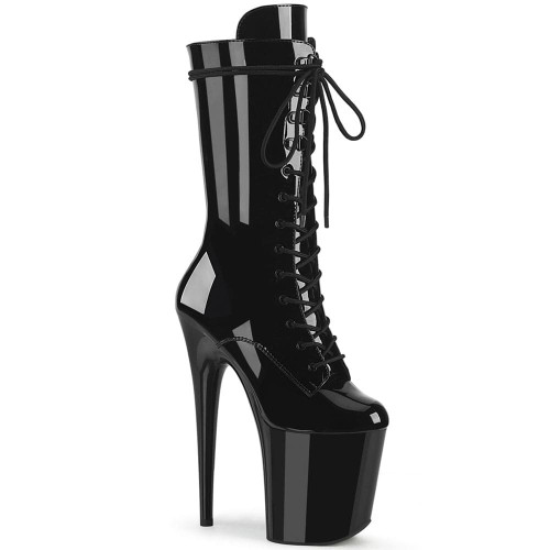 Pleaser Flamingo-1050 – Black Patent Lace-Up High Boots (heel 20 cm)