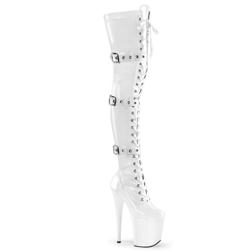 Pleaser Flamingo-3028 – Bílé lakované kozačky nad kolena (podpatek 20 cm)