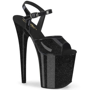 Pleaser Flamingo-809GP – Black patent sandals with glitter (heel 20 cm)