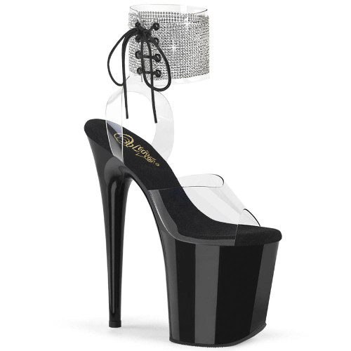 Pleaser Flamingo-891-2RS – Černé sandály s kamínky a šněrováním (podpatek 20 cm)