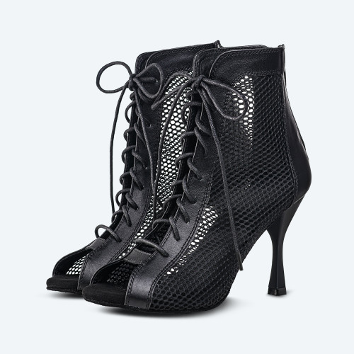 Amsterdam – Black Leather High Heel Bootie with 3D mesh (heel 9 cm)