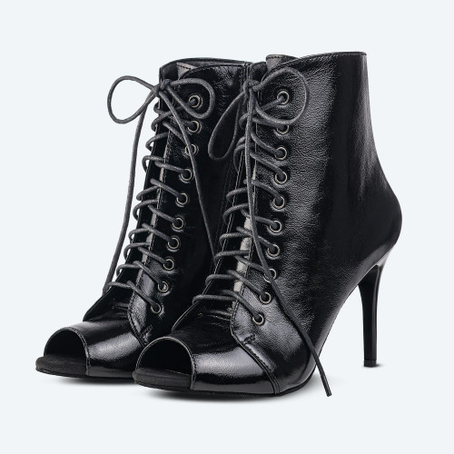 Glossy Goddess – Black Patent Leather High Heel Bootie (heel 9 cm)