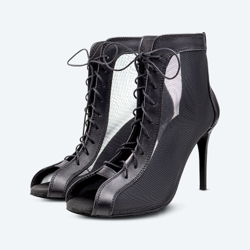 Paris - Černé kožené boty High Heels se síťovinou (9 cm)