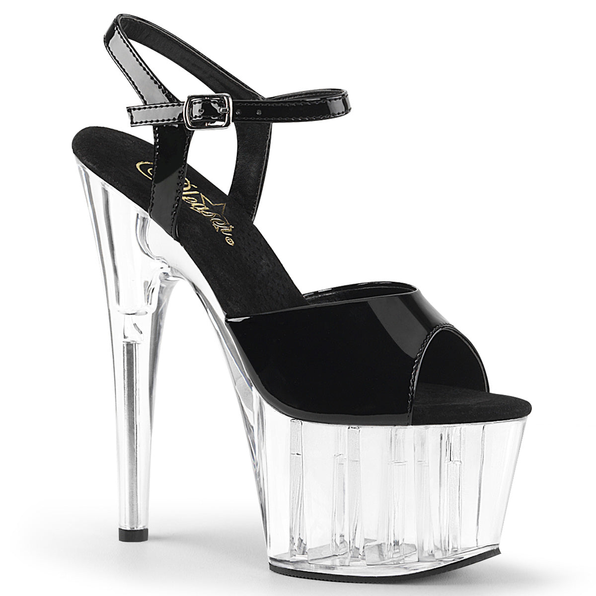 Pleaser Adore-709 – Černé lakované/průhledné sandály s páskem kolem kotníku (podpatek 17.8 cm)